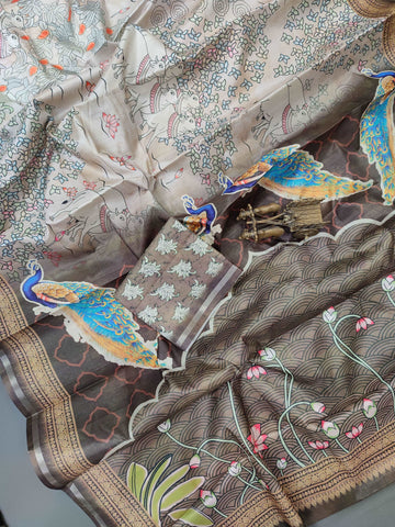 Beige Pastel Pavo and Bovidae Fine Border Tussar Saree FBS2